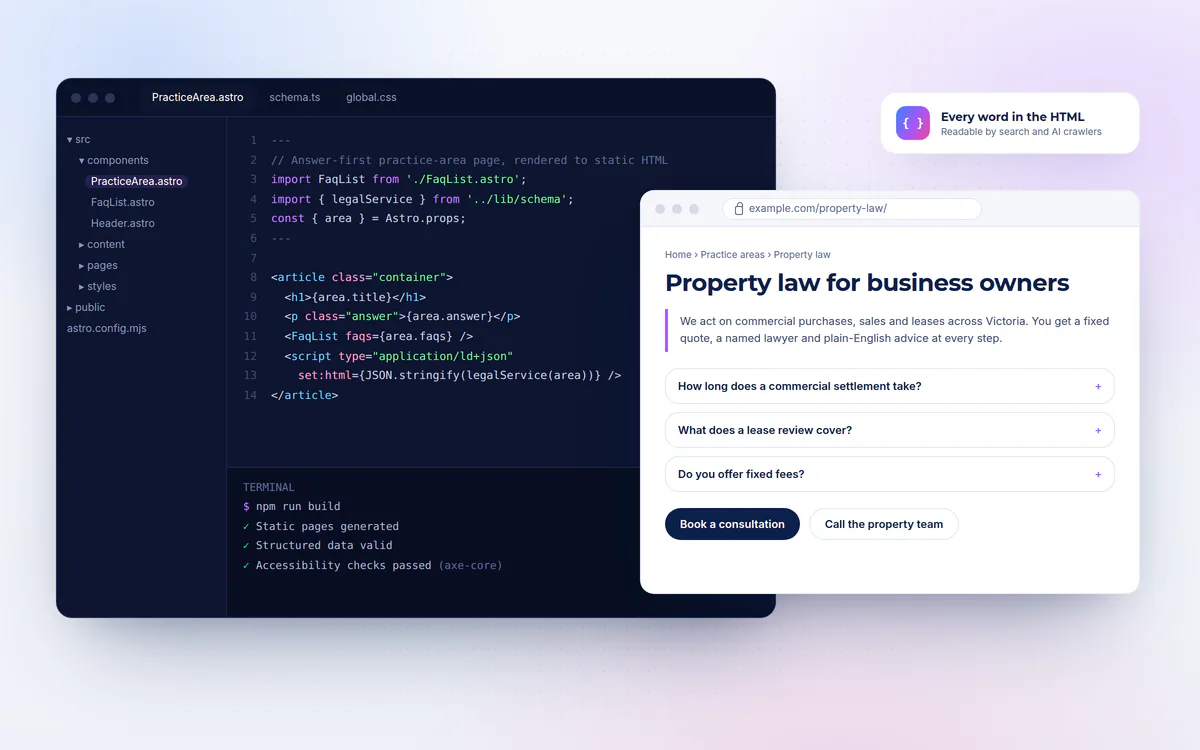 A code editor showing a practice-area page component and a build that checks structured data and accessibility, beside the finished page in a browser.