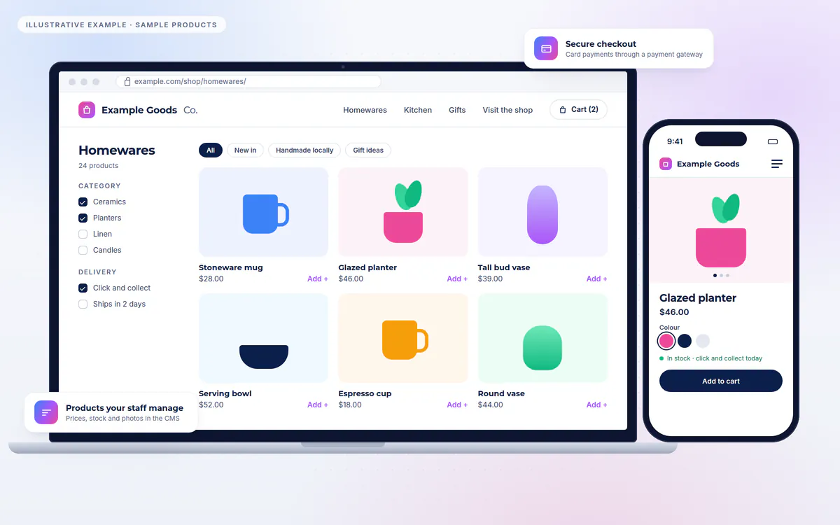 A laptop and phone showing a fictional homewares store: a product grid with category and delivery filters, and on the phone, a product page with colour options, stock status and an add-to-cart button.